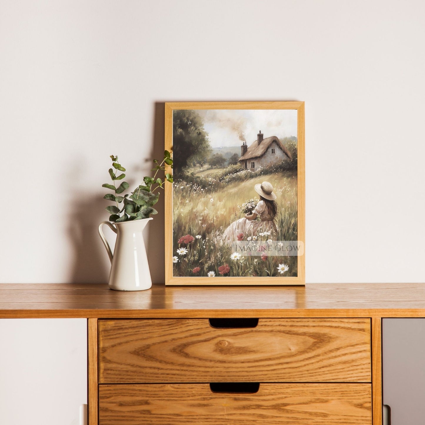 Classic springtime art of woman gathering flowers in a meadow.