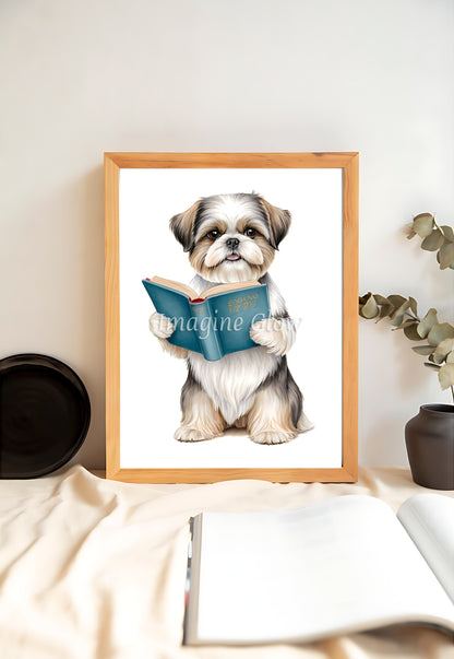 Adorable Shih Tzu dog with book, humorous wall art