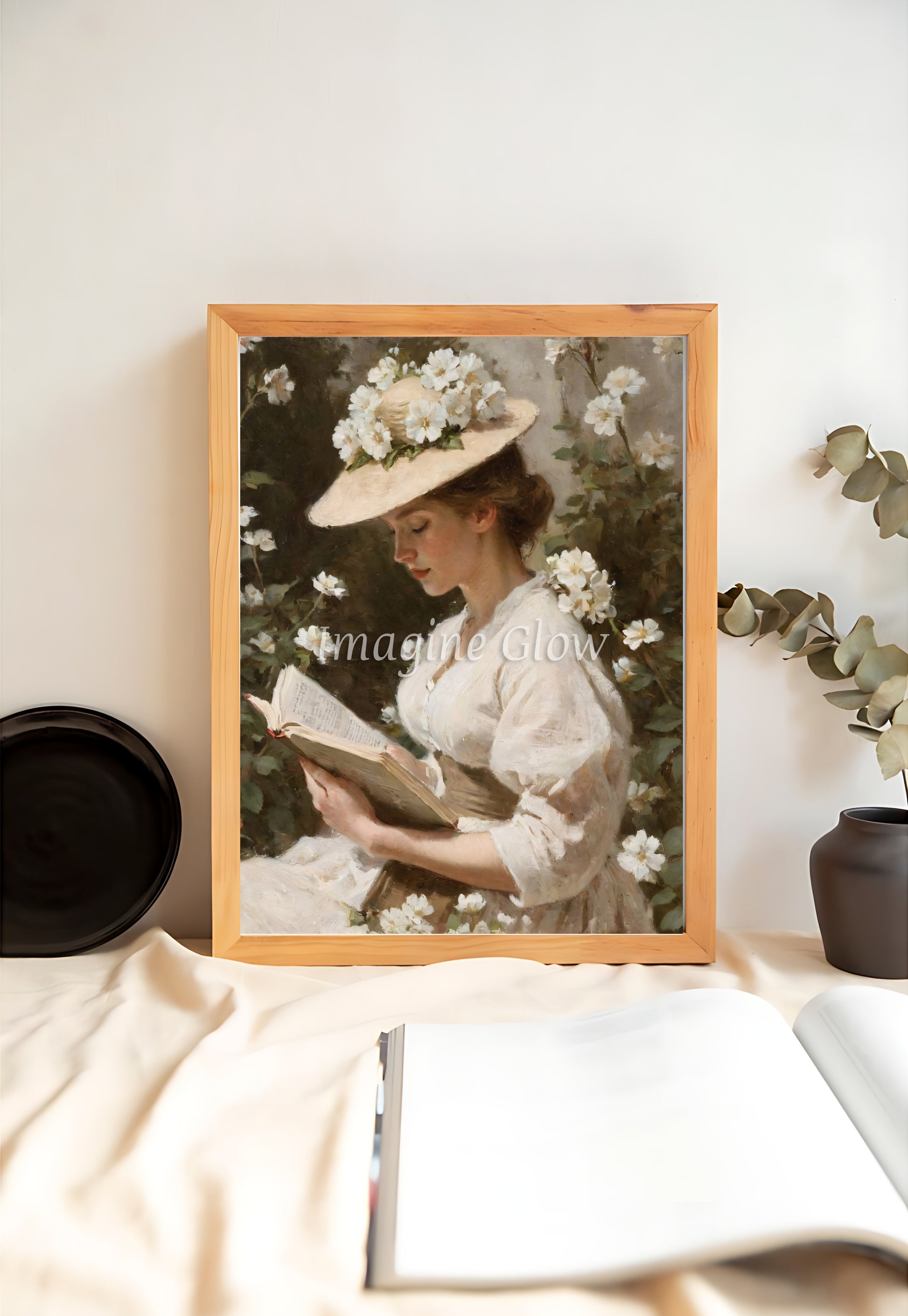 Classic portrait of a woman reading amidst wildflowers for decor