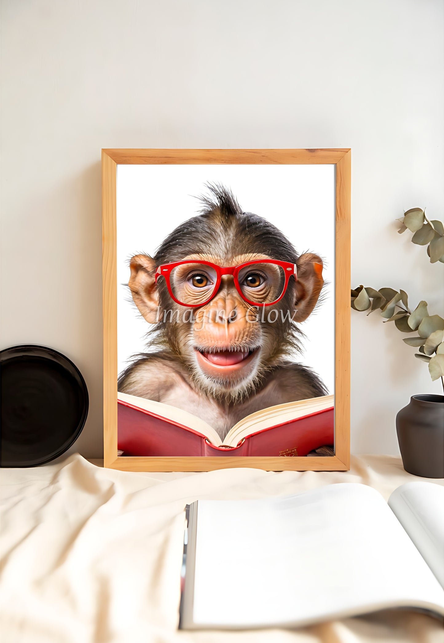 Playful monkey with book, whimsical wall art