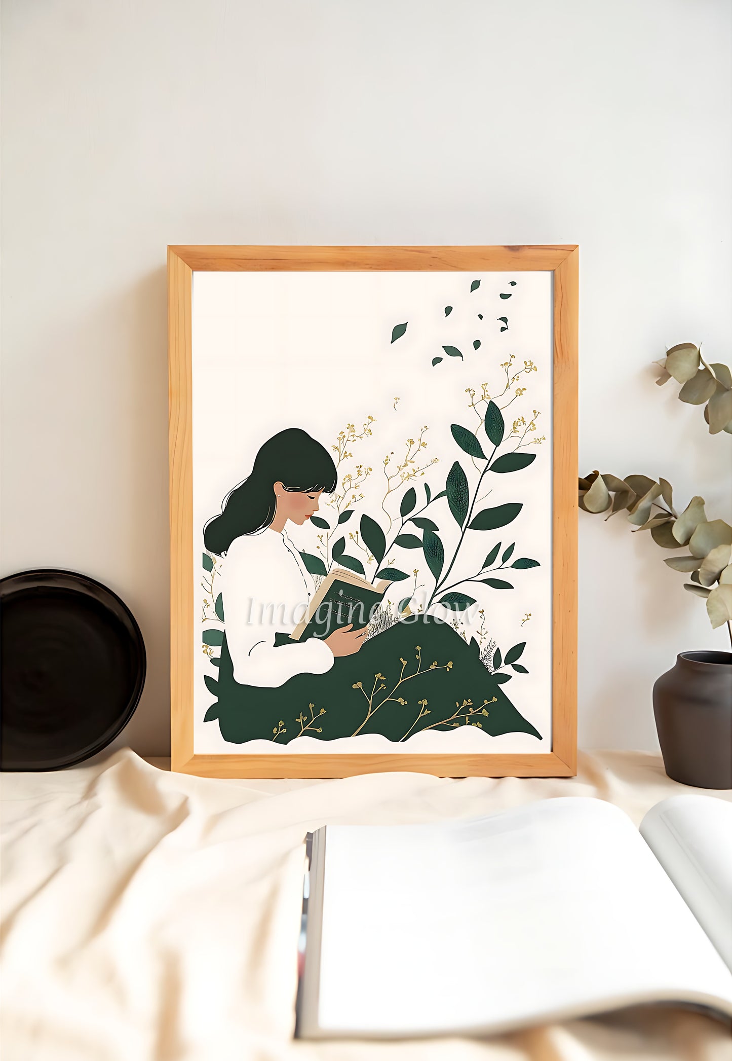 Beautiful reading nook art featuring a woman with a book