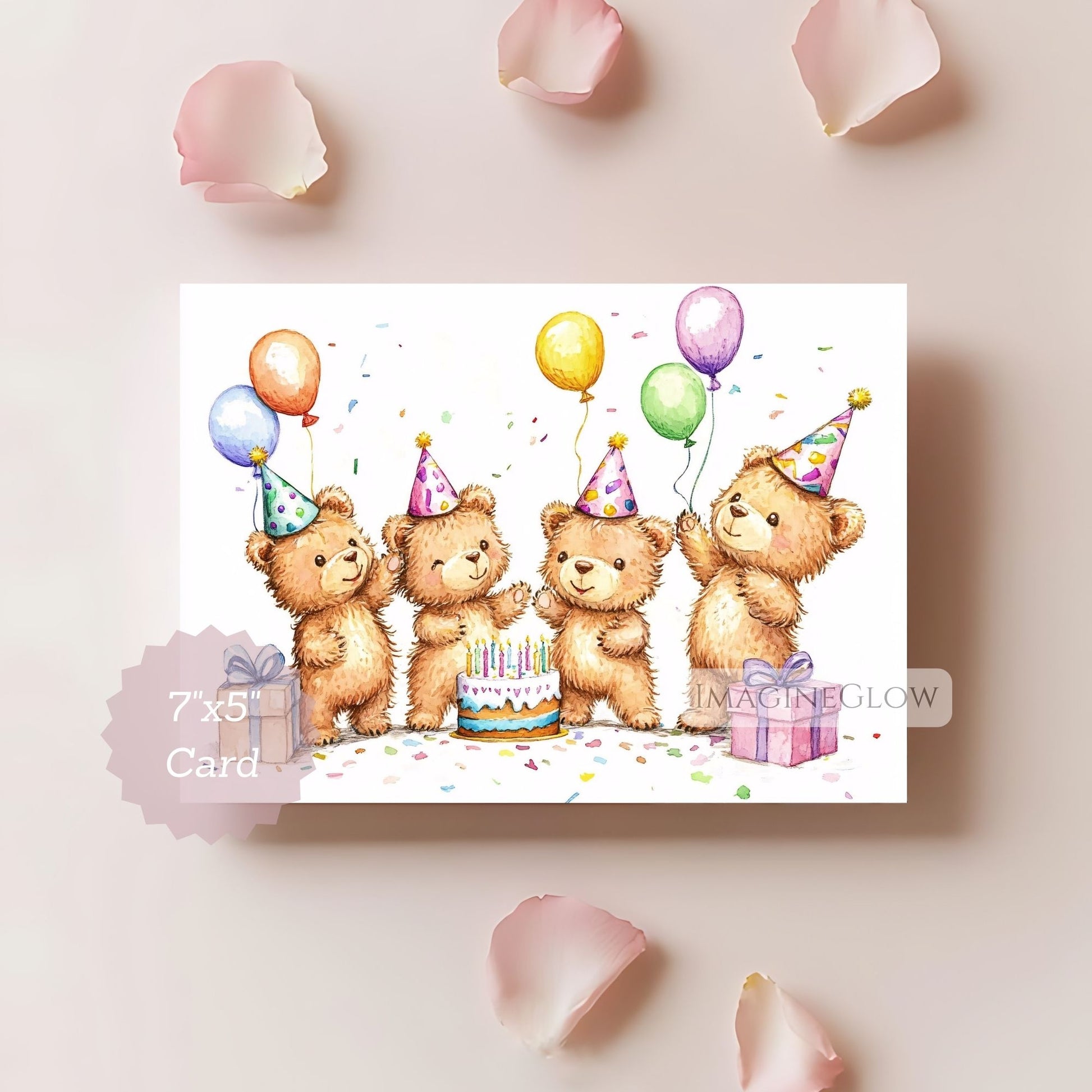 Birthday card with teddy bears and balloons on a light pink background