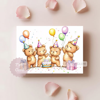 Birthday card with teddy bears and balloons on a light pink background