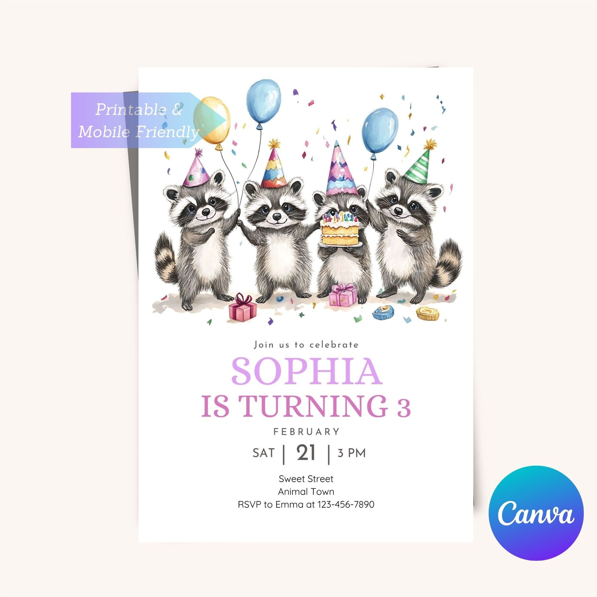 Wild animal themed birthday invitation with a playful raccoon design.
Woodland animal birthday invite featuring raccoon for kids' party.