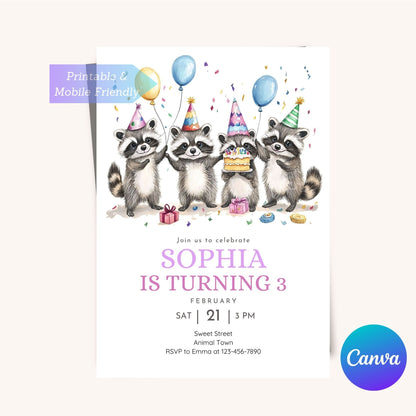 Wild animal themed birthday invitation with a playful raccoon design.
Woodland animal birthday invite featuring raccoon for kids' party.