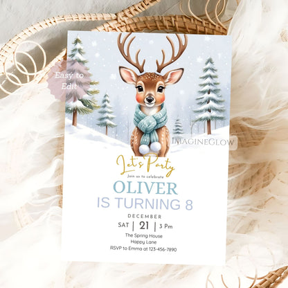 deer birthday invitation woodland winter theme
