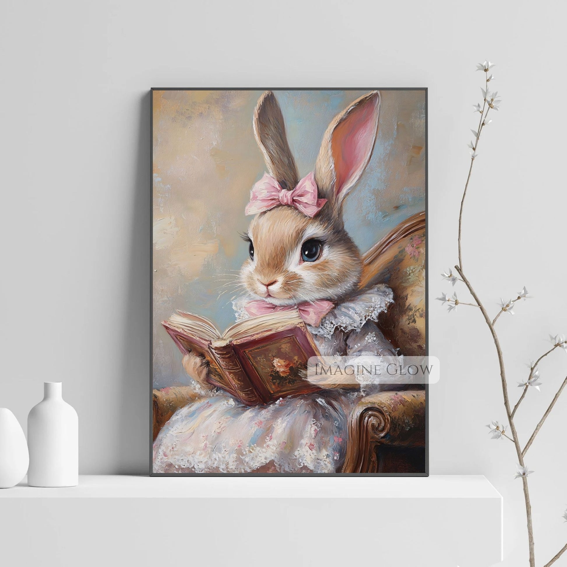 Literary rabbit wall art for bookworms
Rabbit reading by candlelight art print