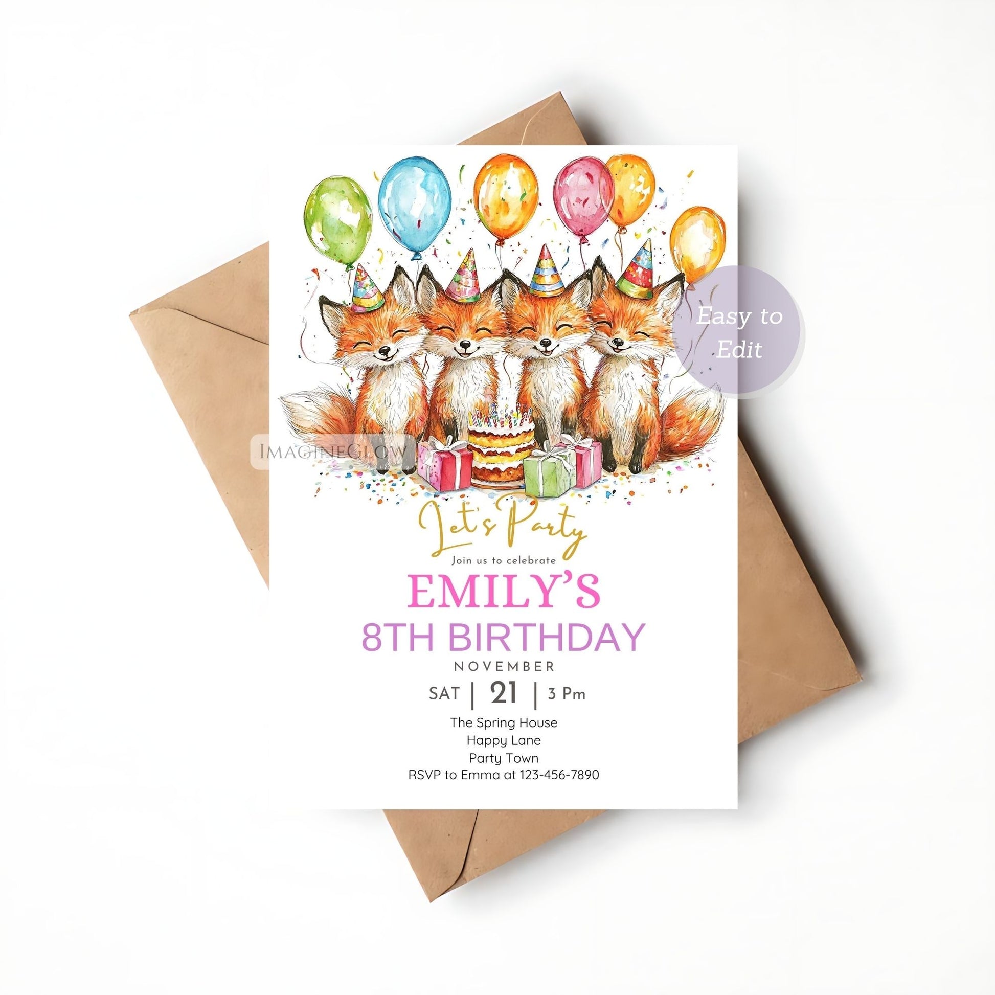 Printable woodland fox birthday party invite
