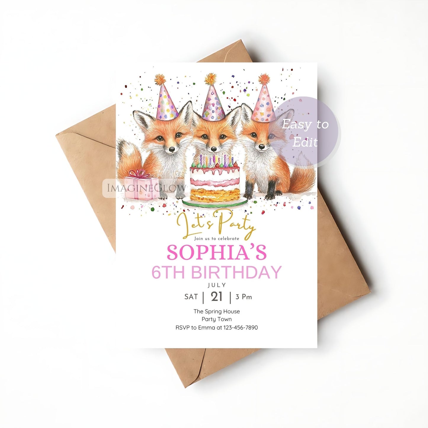 Birthday invitation card with foxes and a cake