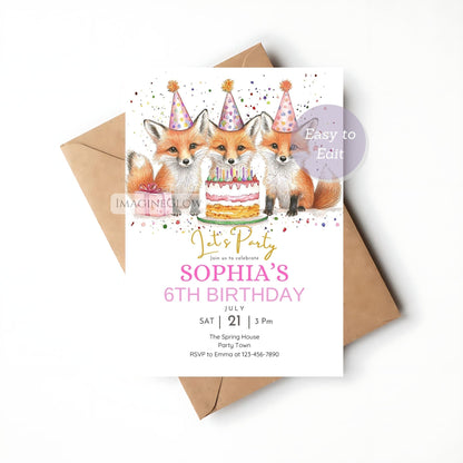 Birthday invitation card with foxes and a cake