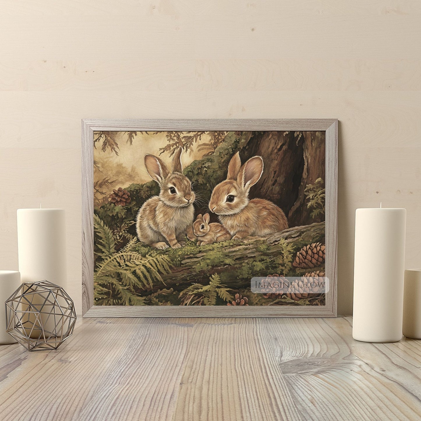 Rustic forest animal artwork featuring rabbits.