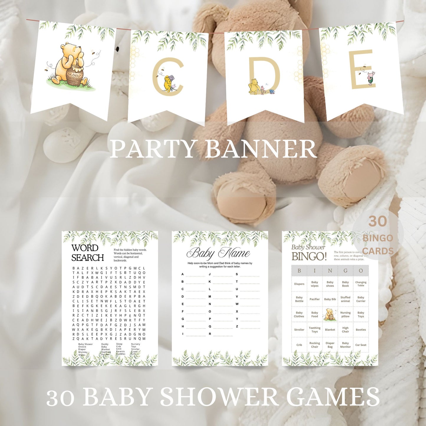 Editable Pooh bear baby shower printables
