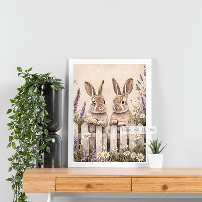 Wildflower field with two bunnies, perfect for woodland decor.