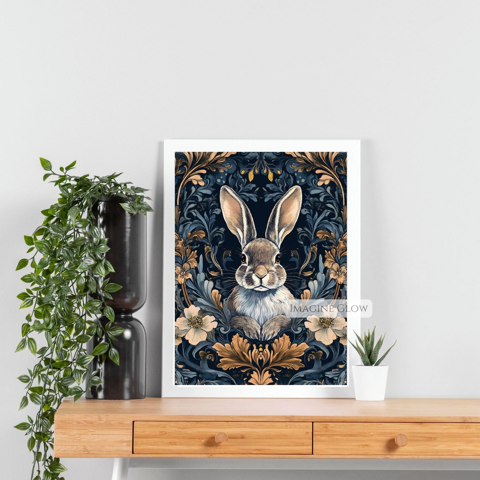 Moody floral bunny illustration for unique animal wall art.