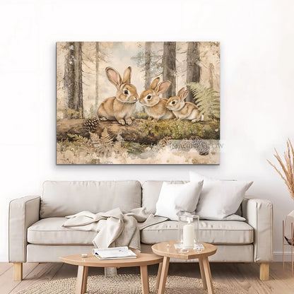 Antique bunny family artwork with woodland charm.
