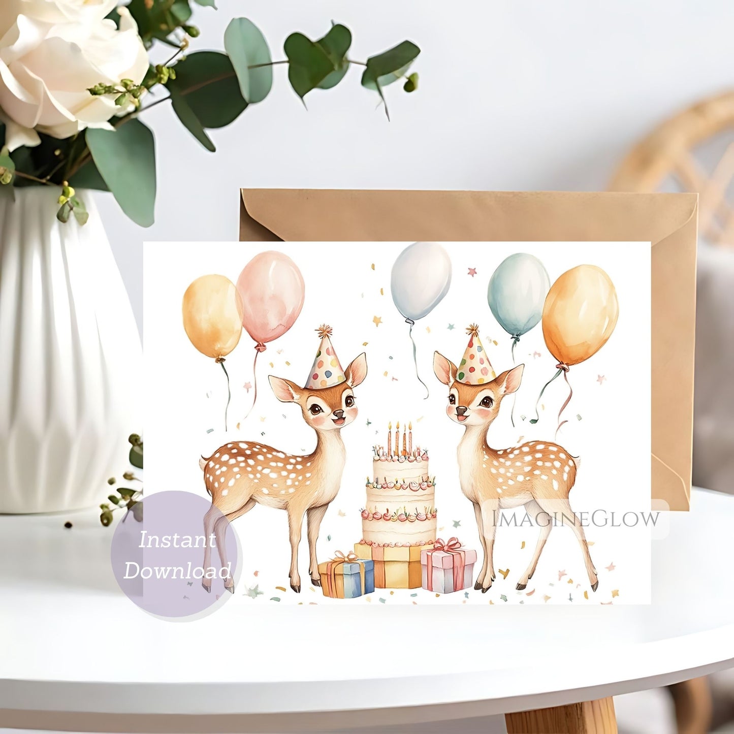 Greeting card with two deer celebrating a birthday, surrounded by balloons and a cake, on a white surface.
