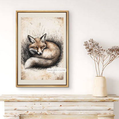 Detailed hand-drawn fox art print for nature-inspired rooms.