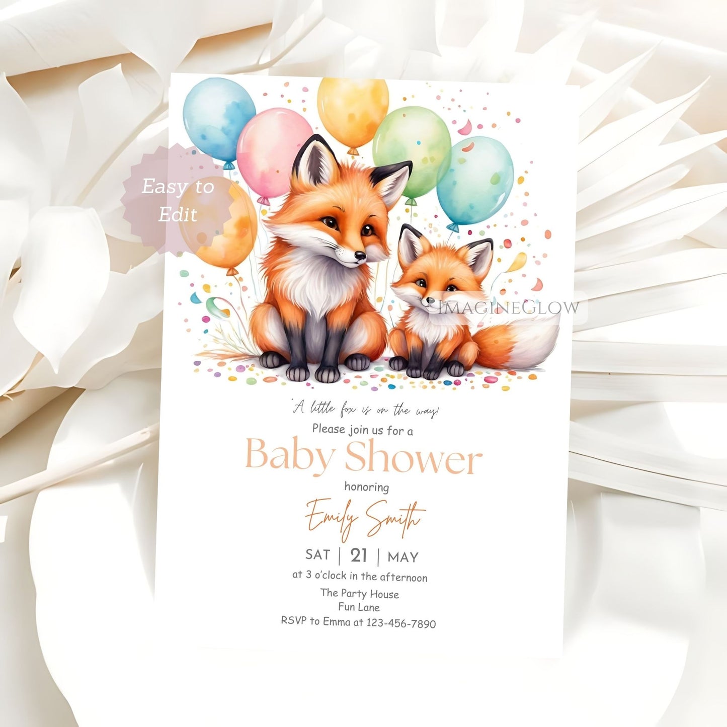 editable boho fox baby shower invitation
