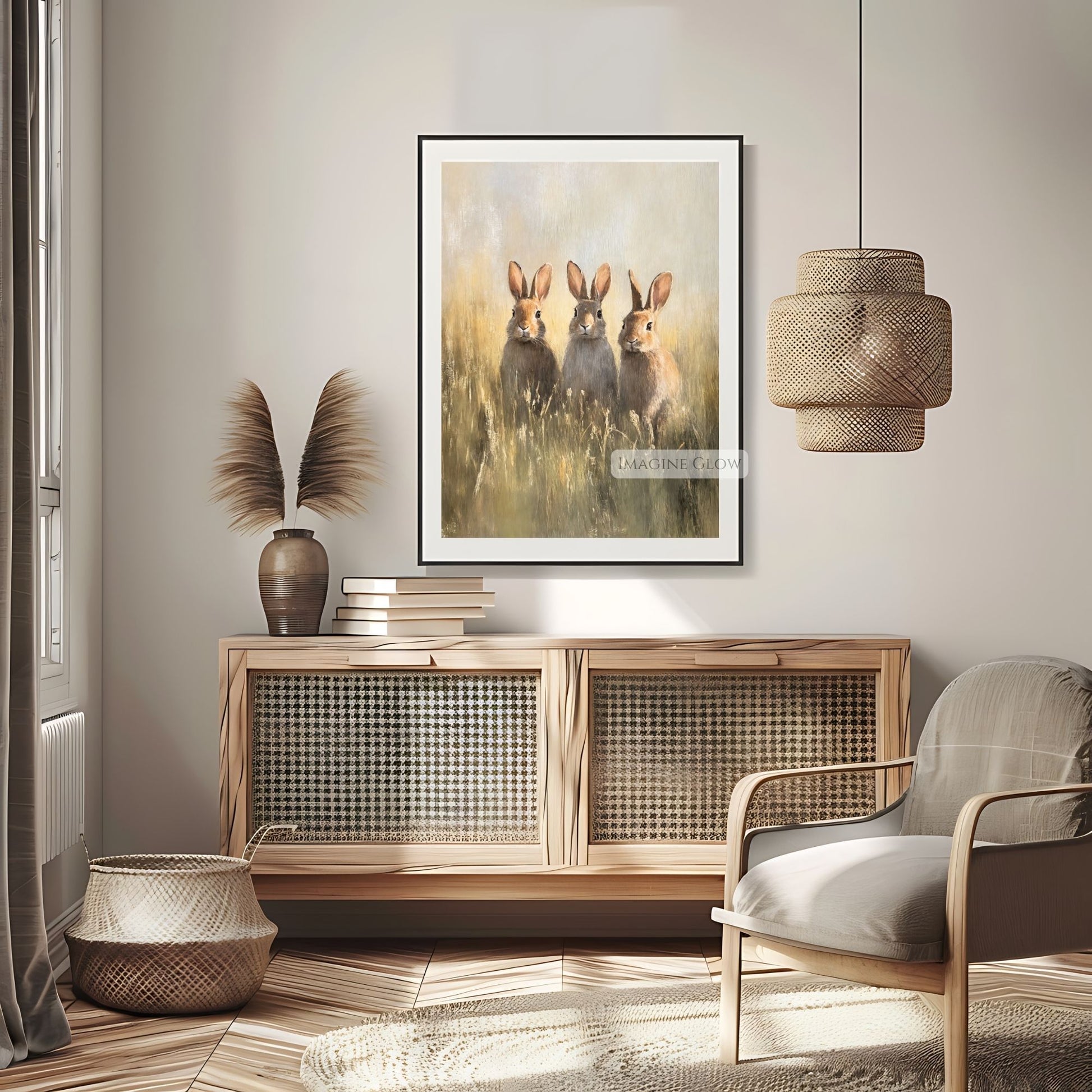 Cottagecore wall art with three bunnies in meadow
Classic animal art of three bunnies in field setting