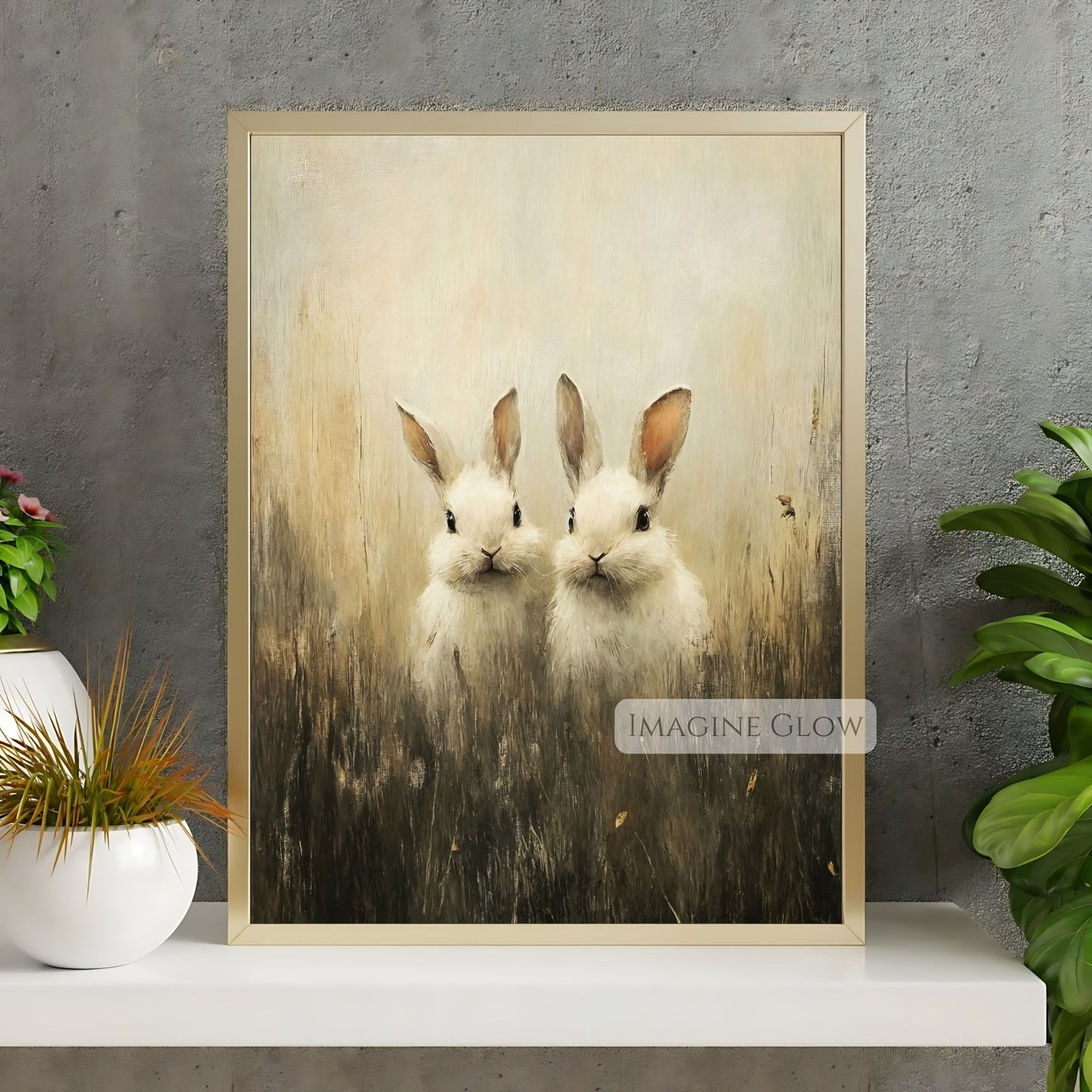 Cottagecore wall art with two bunnies in meadow
Classic animal art of two bunnies in field setting