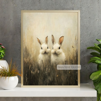 Cottagecore wall art with two bunnies in meadow
Classic animal art of two bunnies in field setting