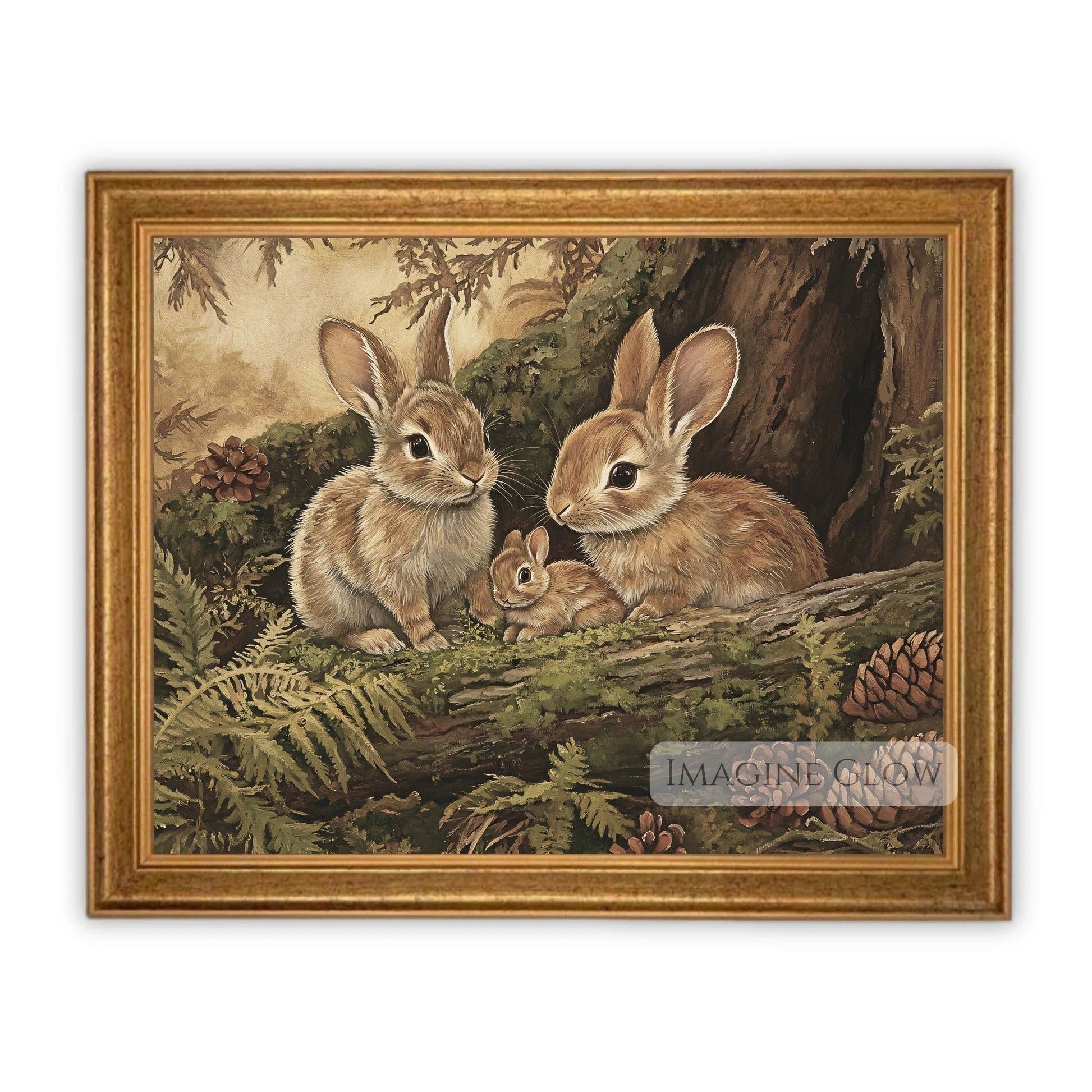 Vintage rabbit family in a forest art print.
