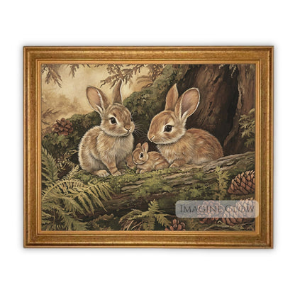 Vintage rabbit family in a forest art print.
