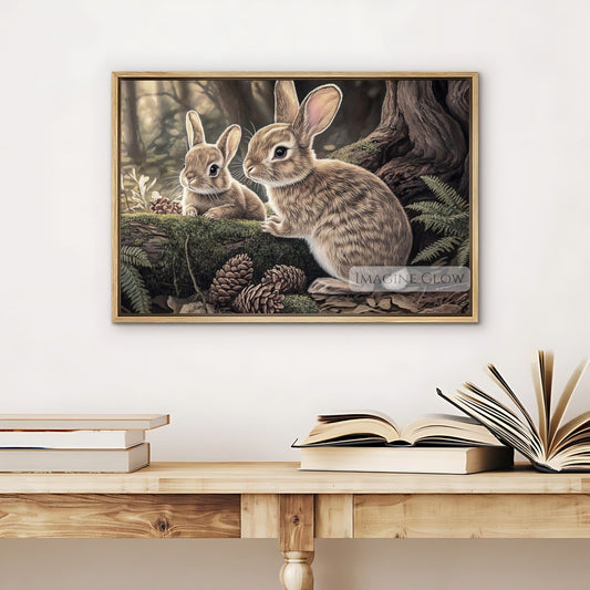 Two rabbits in forest wall art nature print.
