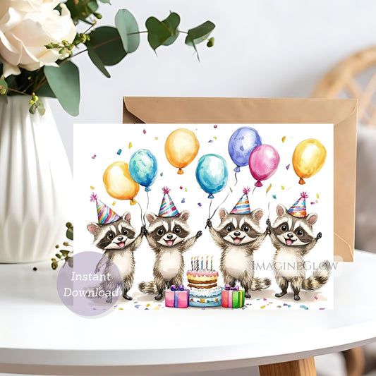 Birthday card with cartoon raccoons and balloons on a white surface.