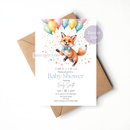 rustic fox balloon baby shower invite
canva baby shower invitation with fox and balloons
