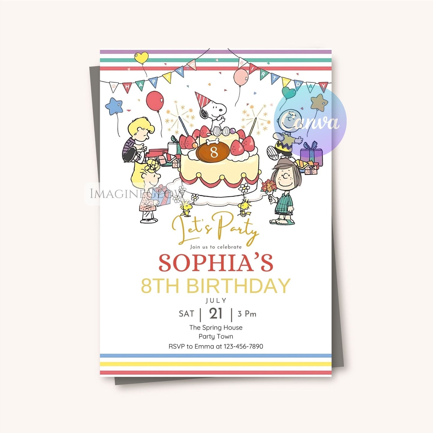 Children's birthday party invitation with snoopy cartoon characters and colorful design