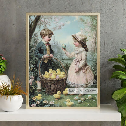 Victorian children with yellow chicks and Easter eggs in a garden.
