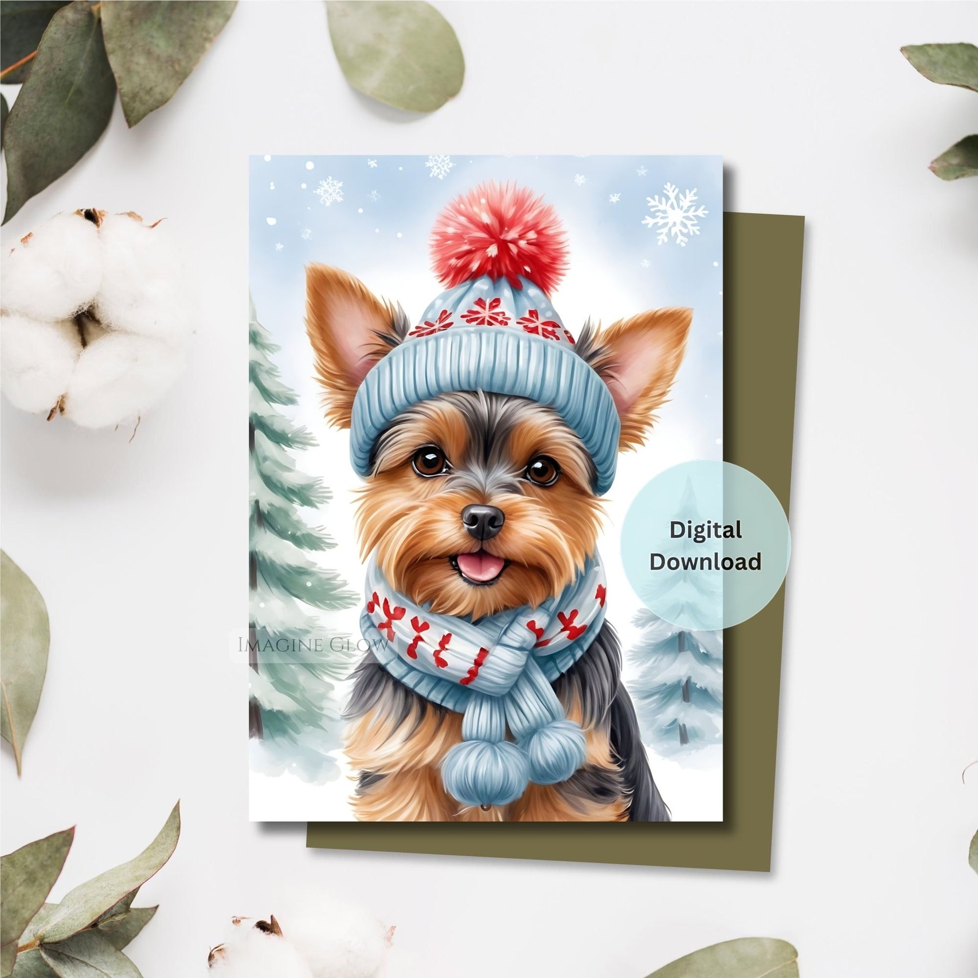 Digital download card with a dog wearing a winter hat and scarf on a snowy background