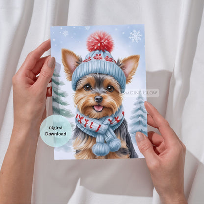 festive yorkie christmas card printable
digital yorkshire terrier christmas greeting
