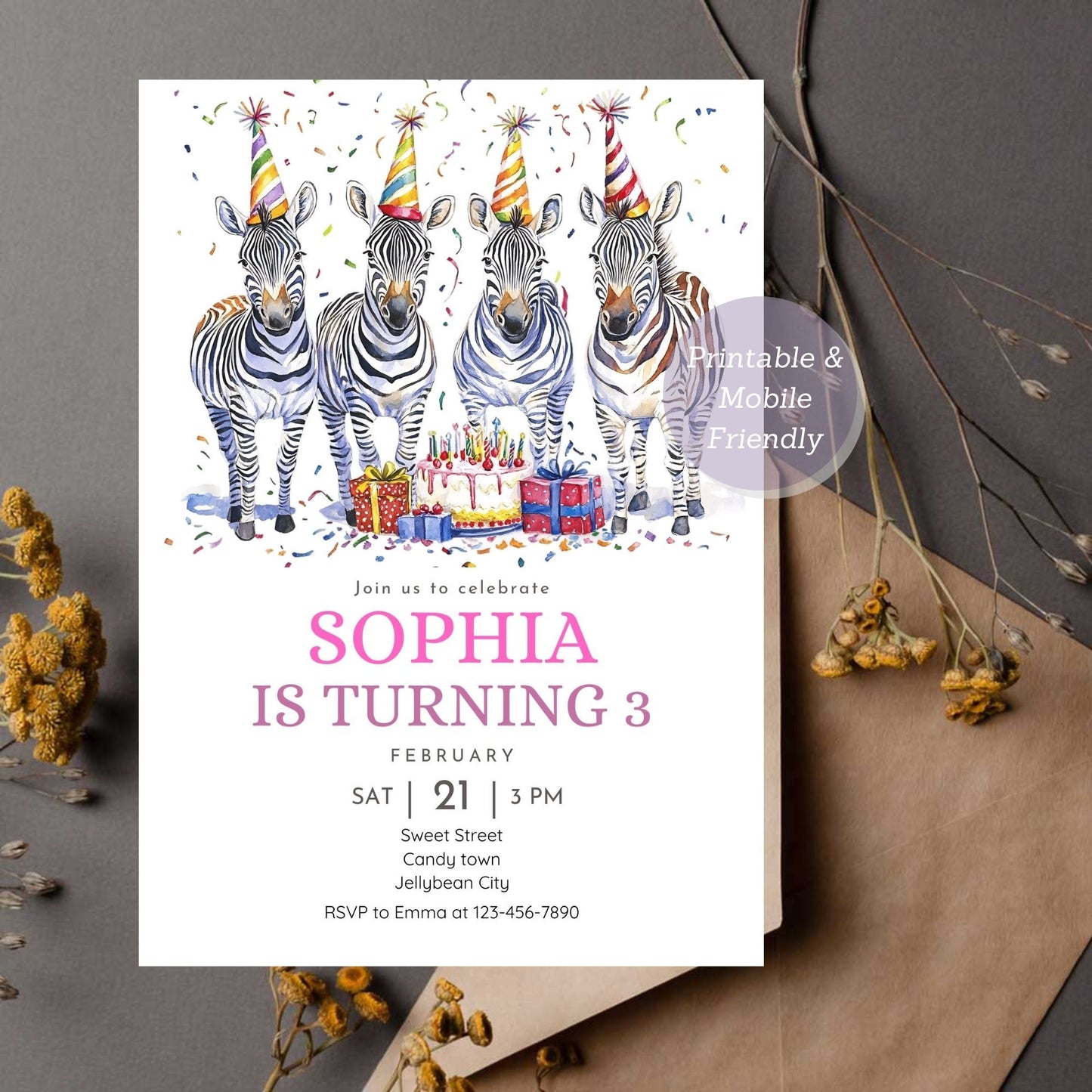 Editable zebra jungle safari birthday party invitation for children.
