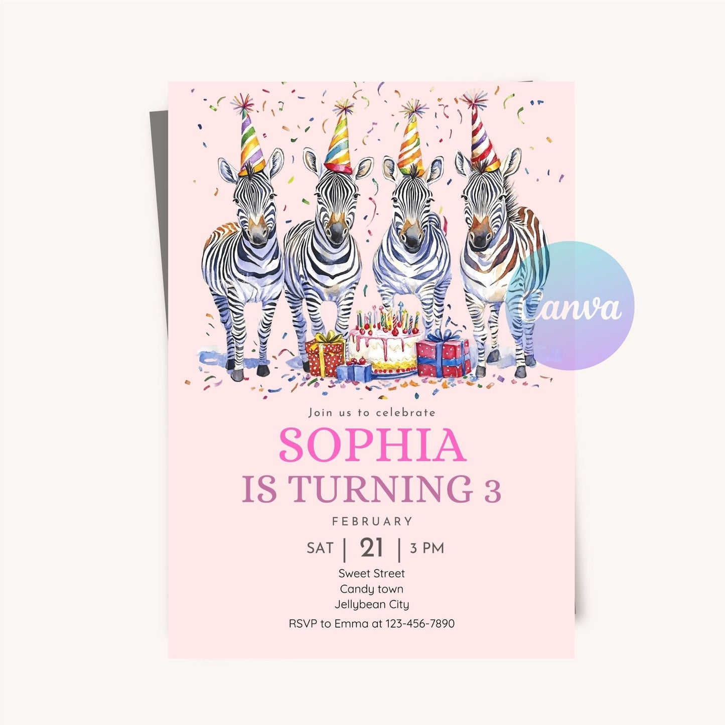 Zebra party invitation for jungle-themed kids' birthday celebration.
Cute zebra jungle birthday invitation for safari-themed kids’ parties.
