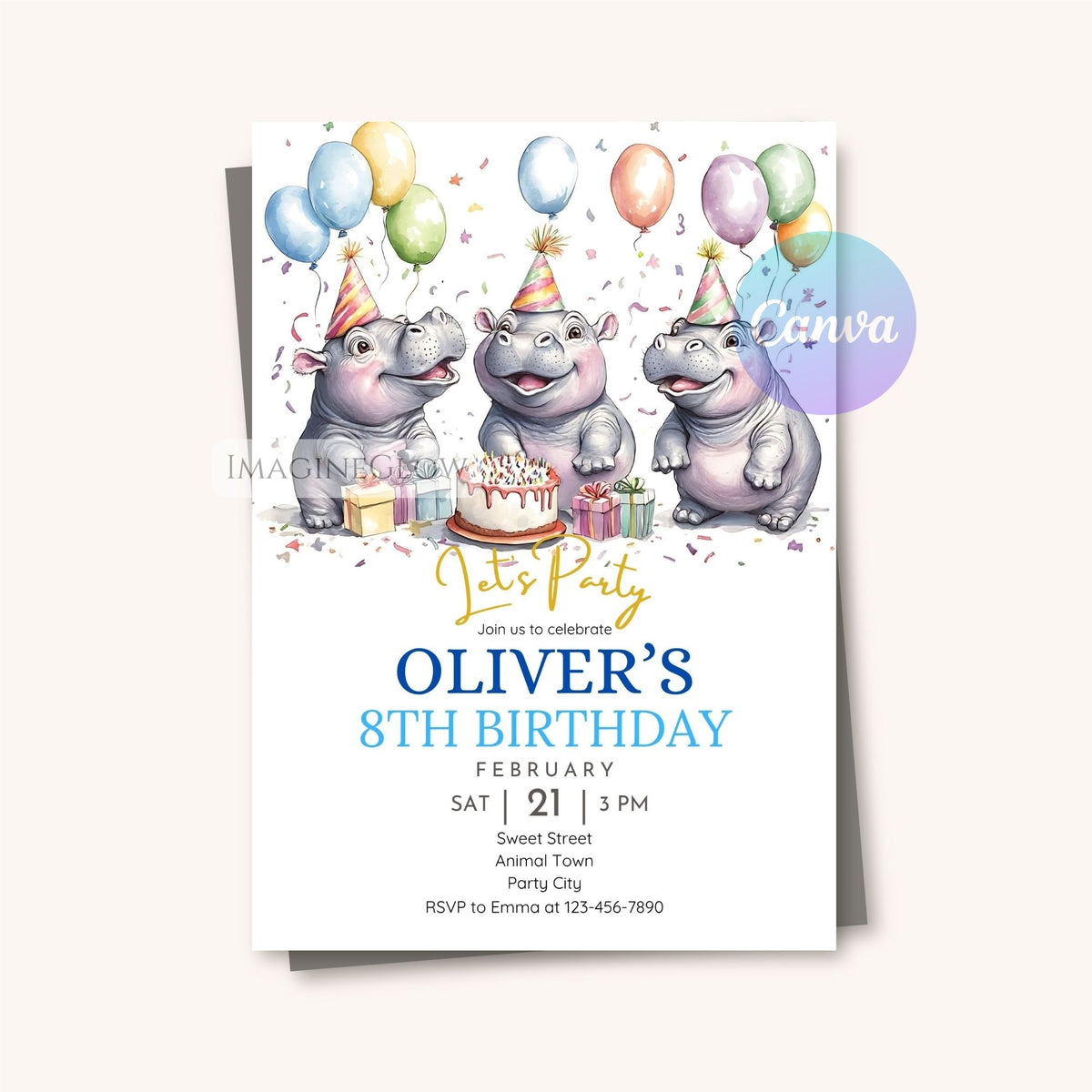 hippopotamus party decor, hippo themed birthday, animal themed birthday party, printable hippo invitation