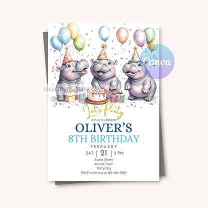 hippopotamus party decor, hippo themed birthday, animal themed birthday party, printable hippo invitation